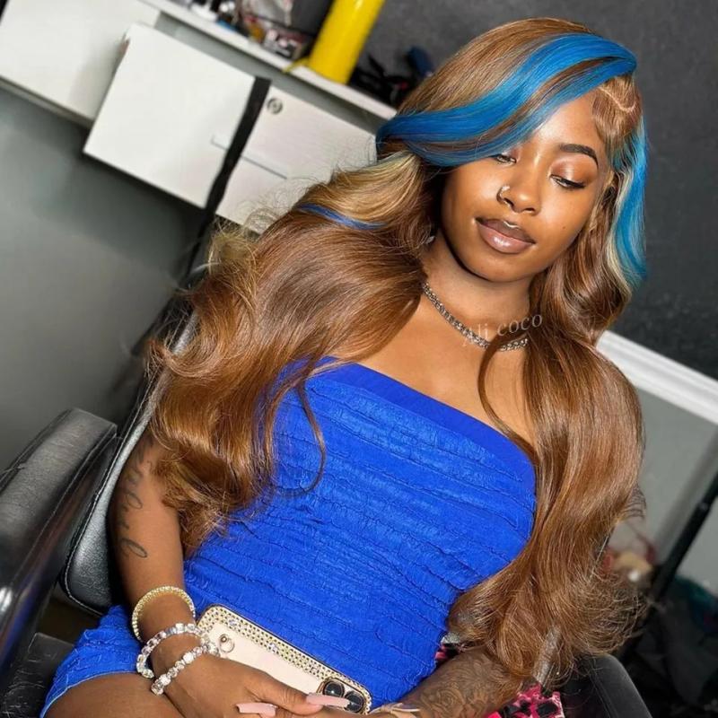 Hair Wigs | Brown With Blue Highlights Lace Front Wig Colored Straight Body Wave Human Hair Wigs For Women Pre Plucked Transparent Lace Wig Hair Wigs 613 Blonde Color