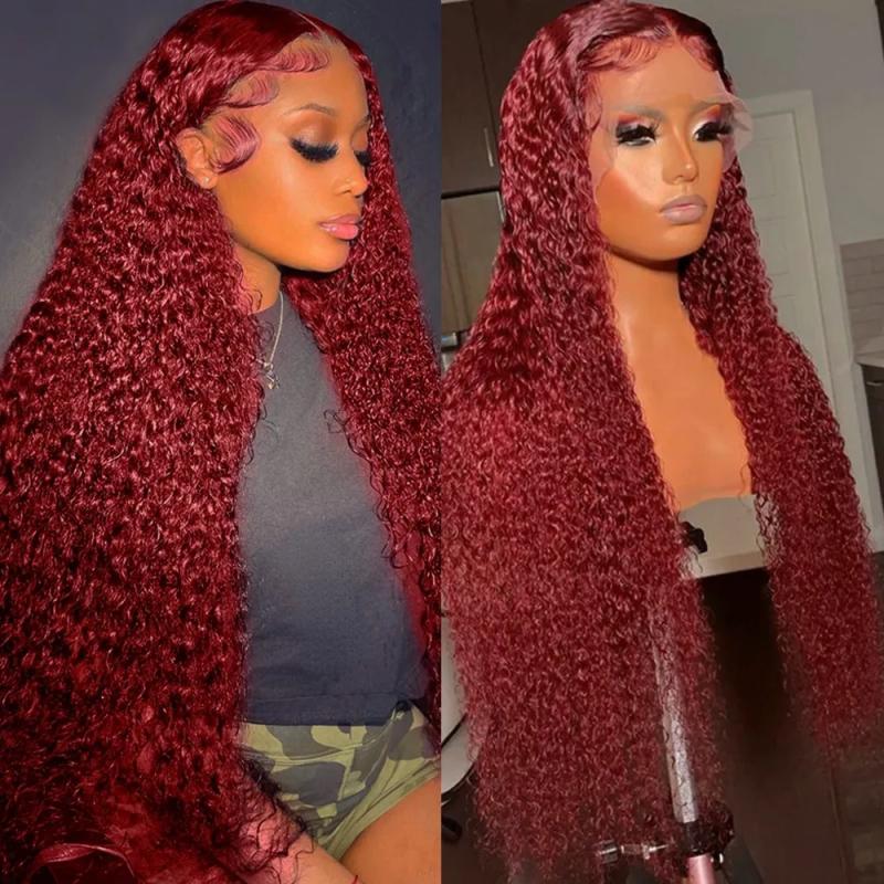 Hair Wigs | Burgundy Deep Curly Glueless Human Hair Wigs 13X4 Hd Deep Wave Lace Frontal Wigs Red/Black/Blonde/Blue/Pink Brazilian Wigs Hair Wigs Auburn