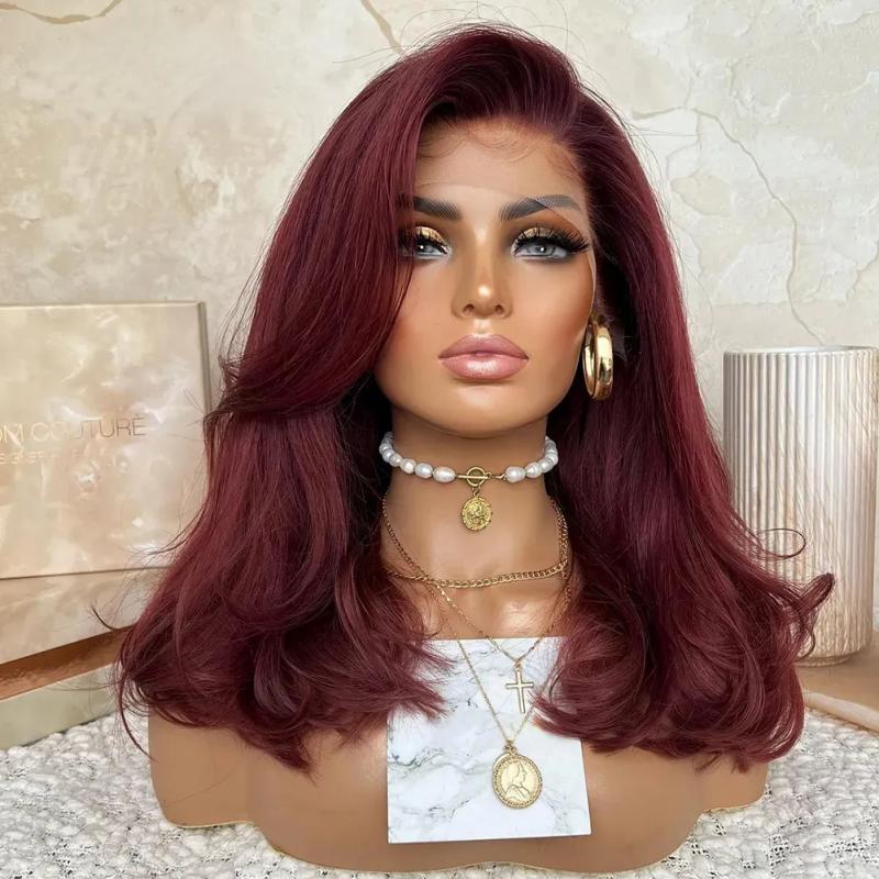 Hair Wigs | Burgundy Red Short Wavy Lace Front Wig Human Hair Bone Straight Bob Lace Front Wig Preplucked Transparent Synthetic Lace Wig For Women Hair Wigs Auburn