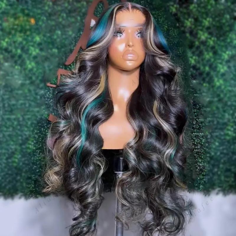 Hair Wigs | Highlight Black With Blue 13X4 Transparent Lace Frontal Wigs Human Hair Wig For Women Brazilian Hair Glueless Full Lace Front Wigs Synthetic Hair Wigs 613 Blonde Color