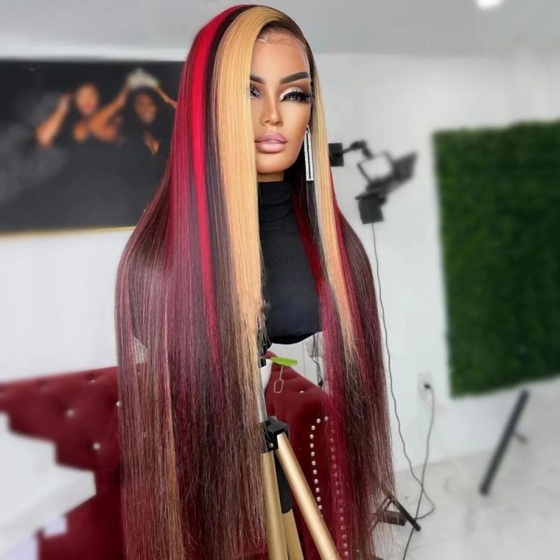 Hair Wigs | Highlight Red Blonde Colored Straight Body Wave Glueless Wig Pre-Plucked 13X4 Lace Frontal Human Hair Wig Synthetic For Women Hair Wigs 613 Blonde Color