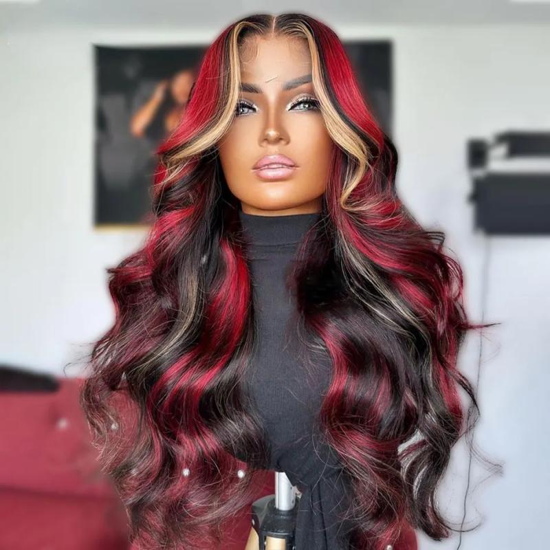 Hair Wigs | Highlight Red Blonde Colored Straight Body Wave Glueless Wig Pre-Plucked 13X4 Lace Frontal Human Hair Wig Synthetic For Women Hair Wigs 613 Blonde Color