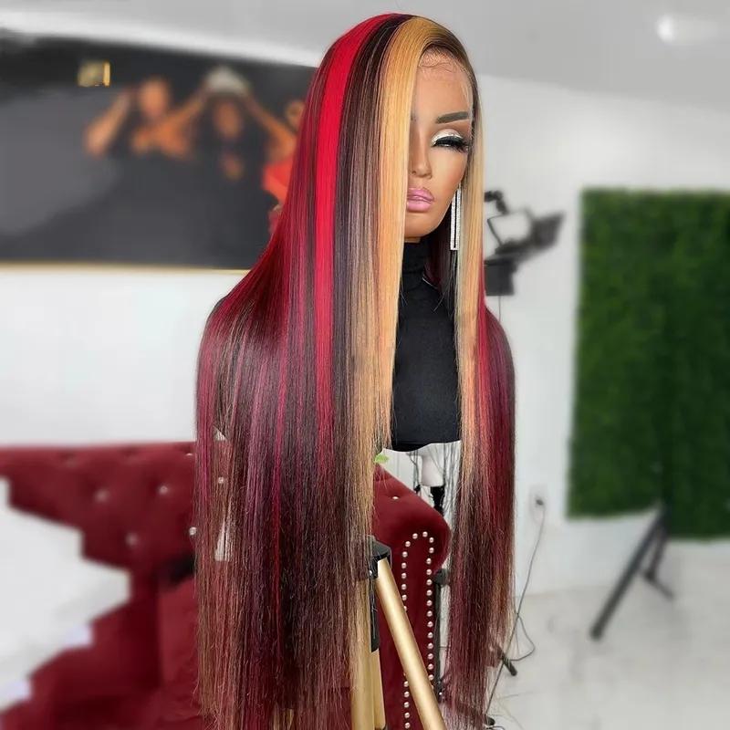 Hair Wigs | Highlight Red Blonde Colored Straight Body Wave Glueless Wig Pre-Plucked 13X4 Lace Frontal Human Hair Wig Synthetic For Women Hair Wigs 613 Blonde Color