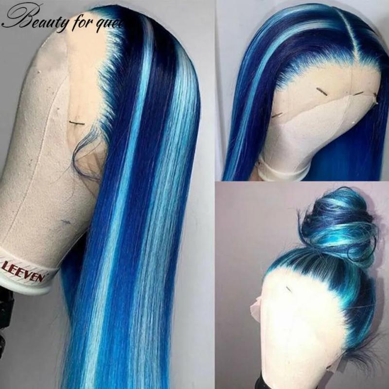 Hair Wigs | Long Soft Blue Lace Front Human Hair Wigs For Women Straight Hd Transparent Lace Frontal Wig Synthetic Front Lace Wig Preplucked Hair Wigs 613 Color