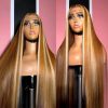 Hair Wigs | Long Straight Brown Blonde Highlight Wig Human Hair Colored Honey Blonde Lace Front Wigs For Women Straight Synthetic Lace Frontal Wig Preplucked Hair Wigs 613 Blonde Color