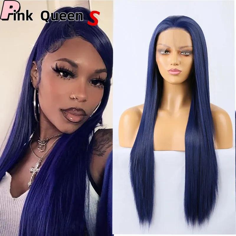 Hair Wigs | Long Style Dark Blue Large Lace Women Chemical Fiber Perruques 13X4 Lace Front Wig High Quality High Temperature Synthetic Laces Wigs Glueless Wig Windy Hair Wigs Blue