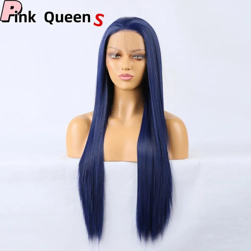 Hair Wigs | Long Style Dark Blue Large Lace Women Chemical Fiber Perruques 13X4 Lace Front Wig High Quality High Temperature Synthetic Laces Wigs Glueless Wig Windy Hair Wigs Blue