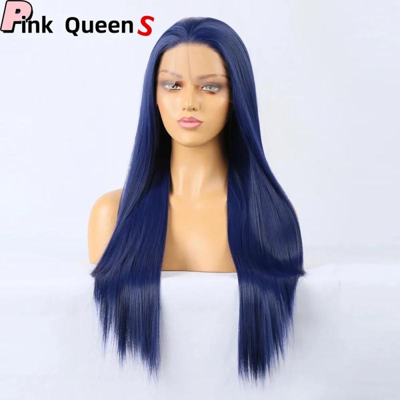 Hair Wigs | Long Style Dark Blue Large Lace Women Chemical Fiber Perruques 13X4 Lace Front Wig High Quality High Temperature Synthetic Laces Wigs Glueless Wig Windy Hair Wigs Blue