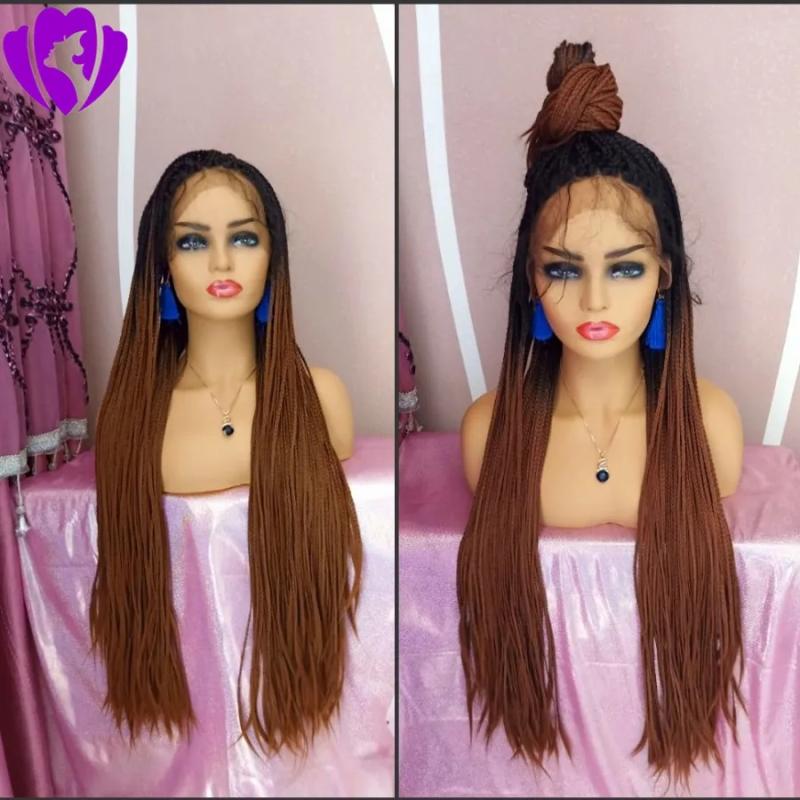 Hair Wigs | New 32Inches Long Jumbo Braided Wig Full Lace Front Wigs Synthetic ‘Micro Braids Wigs With Baby Hair Ombre Brown Wigs For Black Women Hair Wigs Hair Wigs