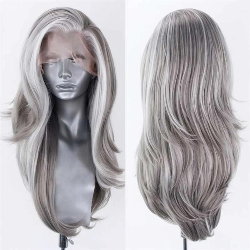 Hair Wigs | Nxy Synthetic Lace Front Wig Highlight White/Gray Lace Wigs For Women Natural Wave Wig Grey Cosplay Wigs Heat Resistant Fiber 230524 Hair Wigs 1001h0906