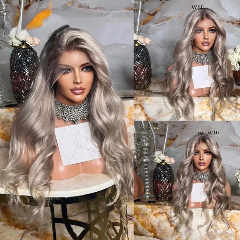 Hair Wigs | Ombre Ash Blonde Colored Glueless Lace Front Wig Human Hair Body Wave Grey Blonde Lace Closure Wig For Women Synthetic Heat Resistant Hair Wigs 613 Blonde Color