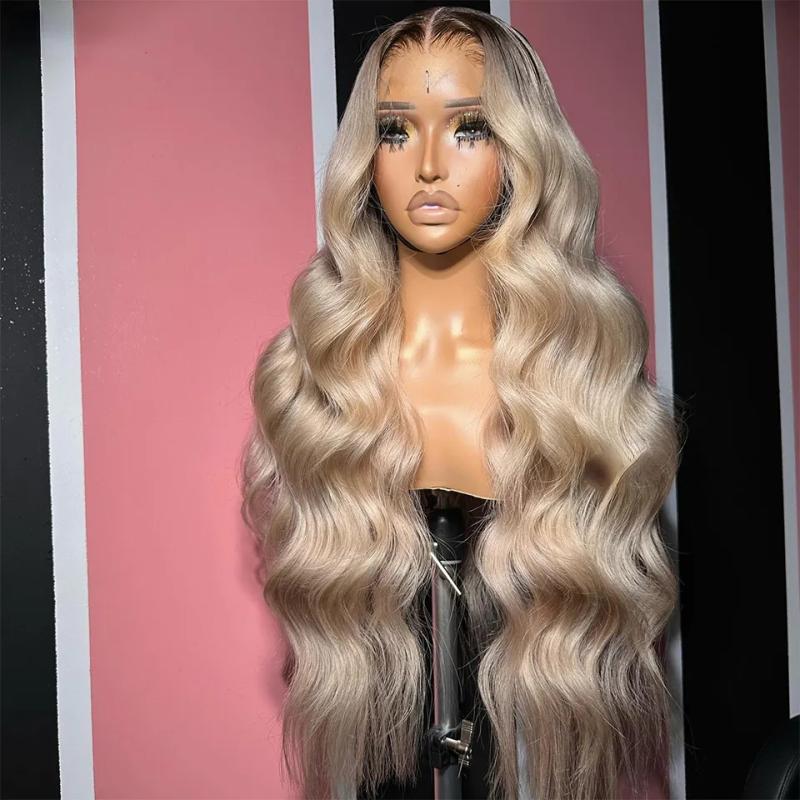 Hair Wigs | Ombre Blonde 13X4 Transparent Lace Front Human Hair Wig Brown Root Glueless Body Wave Ash Blonde Synthetic Closure Wig Pre Plucked Hair Wigs 613 Blonde Color