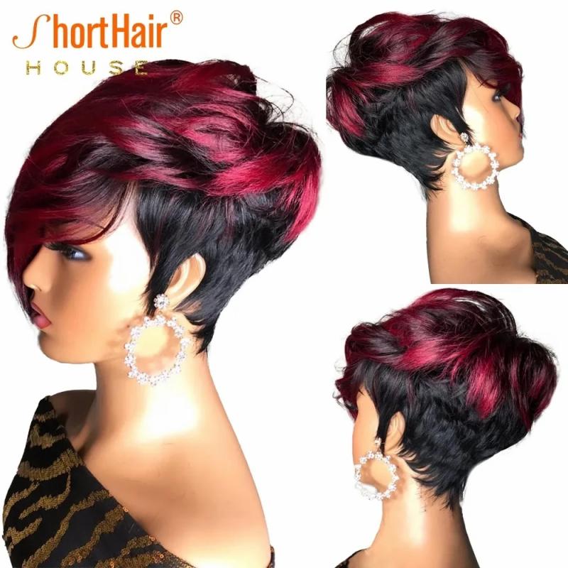 Hair Wigs | Ombre Burgundy Red Short Pixie Cut Human Hair Wig Natural Wavy Wigs With Bangs Brazilian Remy Hair For Black Women Full Machine Made Hair Wigs Hair Wigs