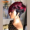 Hair Wigs | Ombre Burgundy Red Short Pixie Cut Human Hair Wig Natural Wavy Wigs With Bangs Brazilian Remy Hair For Black Women Full Machine Made Hair Wigs Hair Wigs