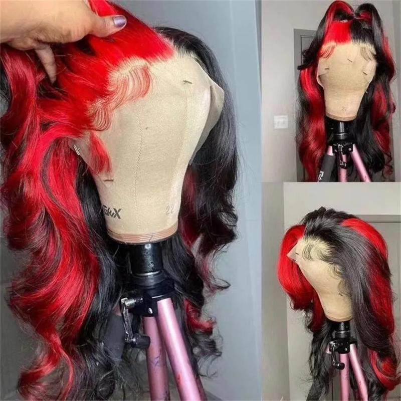 Hair Wigs | Ombre Highlight Red Black Colored Wigs Hd Transparent Lace Frontal Wig Body Wave Human Hair Pre Plucked 13X4 Lace Front Synthetic Wig Hair Wigs 613 Color