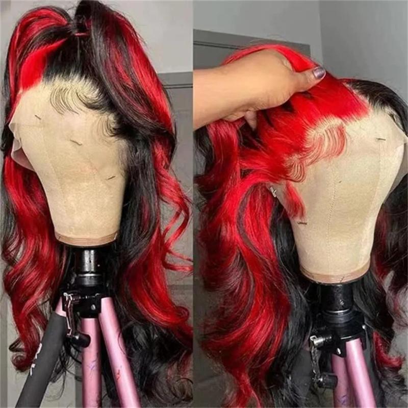 Hair Wigs | Ombre Highlight Red Black Colored Wigs Hd Transparent Lace Frontal Wig Body Wave Human Hair Pre Plucked 13X4 Lace Front Synthetic Wig Hair Wigs 613 Color