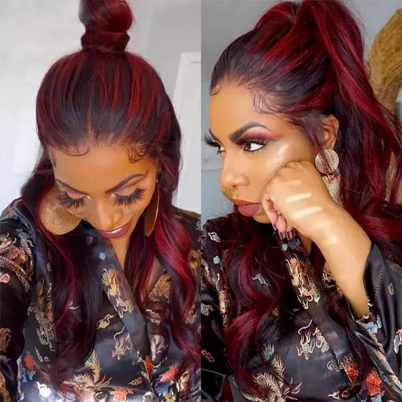 Hair Wigs | Ombre Highlight Red Black Colored Wigs Hd Transparent Lace Frontal Wig Body Wave Human Hair Pre Plucked 13X4 Lace Front Synthetic Wig Hair Wigs 613 Color