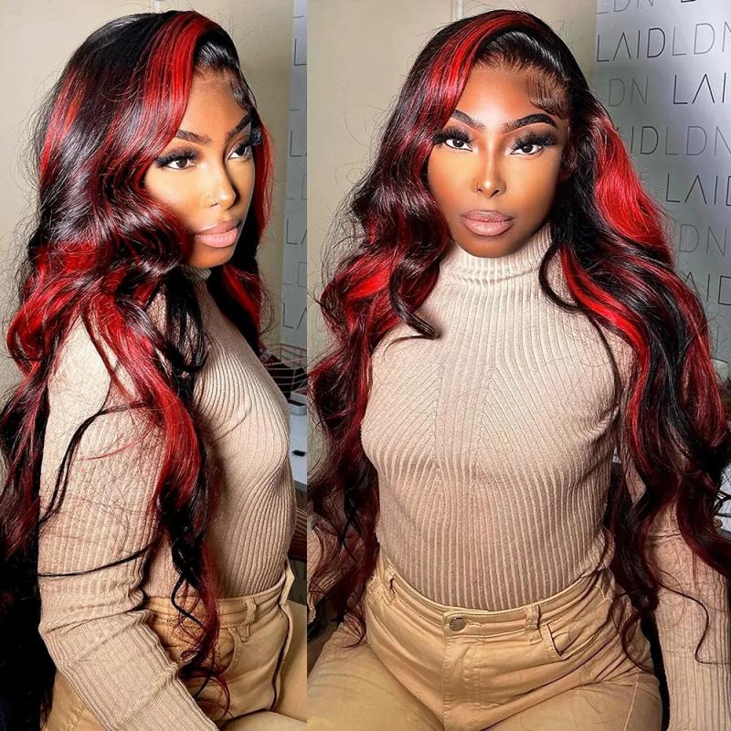 Hair Wigs | Ombre Highlight Red Black Colored Wigs Hd Transparent Lace Frontal Wig Body Wave Human Hair Pre Plucked 13X4 Lace Front Synthetic Wig Hair Wigs 613 Color