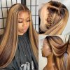 Hair Wigs | Peruvian Hair 4/27 Honey Blonde Highlight Wig Human Hair 13X4 Straight Lace Front Wig With Baby Hair Short Bob Synthetic Wig Hair Wigs Blonde