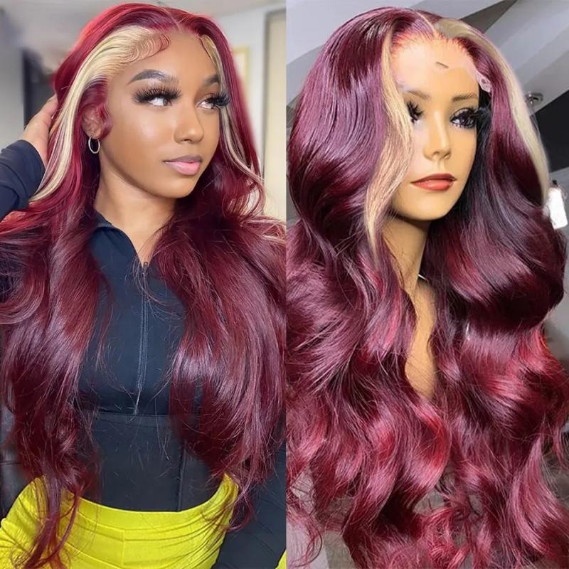 Hair Wigs | Peruvian Hair Wine Red Blonde Highlight Colored Body Wave Lace Front Wigs Hd 13X4 Lace Frontal Wig Preplucked Synthetic Closure Preplucked Hair Wigs 613 Blonde Color