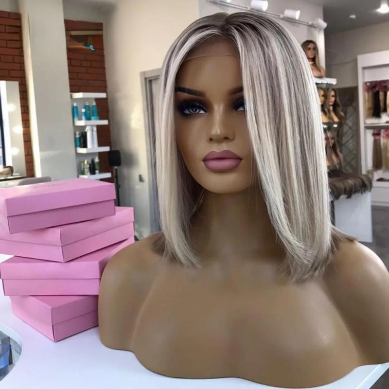 Hair Wigs | Peruvian Human Hair Ombre Ash Blonde Colored Short Bob 13X4 Lace Front Wig Gluelesspixie Cut Straight Synthetic Frontal Wigs For Women Hair Wigs Auburn