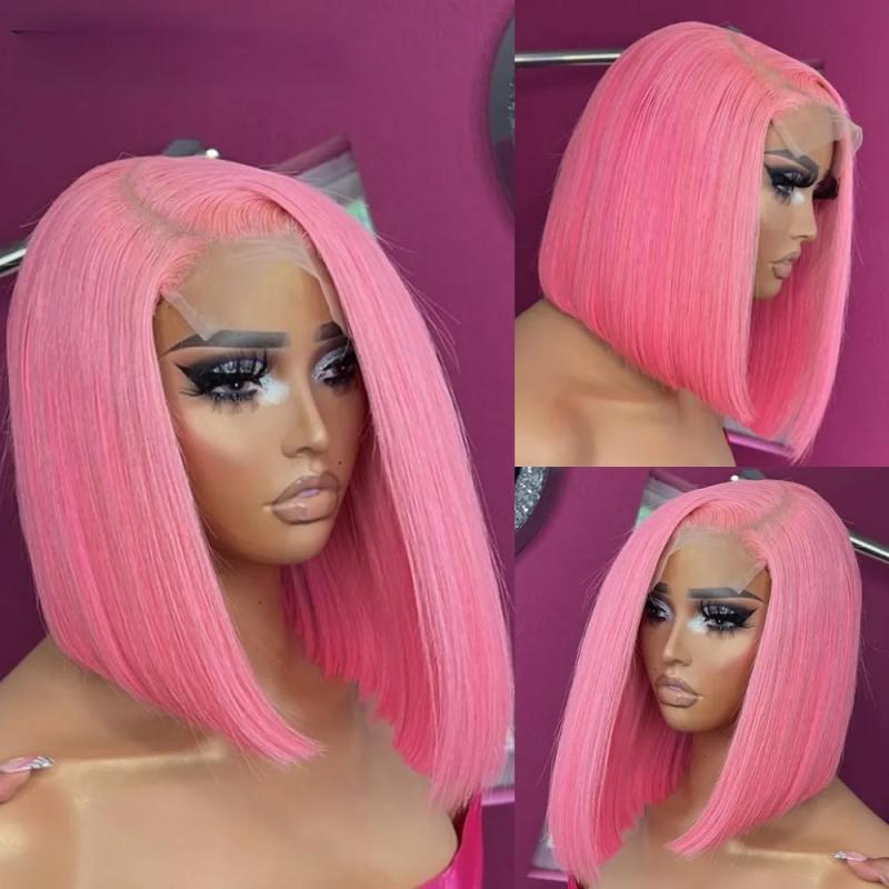 Hair Wigs | Pink Short Bob Lace Front Wigs Human Hair Wigs 180 Density Bob Lace Wigs For Women Straight Synthetic Closure Wig Hair Wigs Auburn