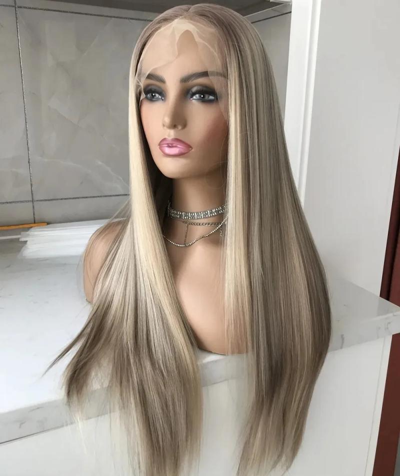 Hair Wigs | Straight 13X4 Lace Front Wig Highlight Brown Synthetic Lace Wigs For Women 2X4 Silk Base Wig Preplucked Natural Looking Glueless Hair Wigs Hair Wigs