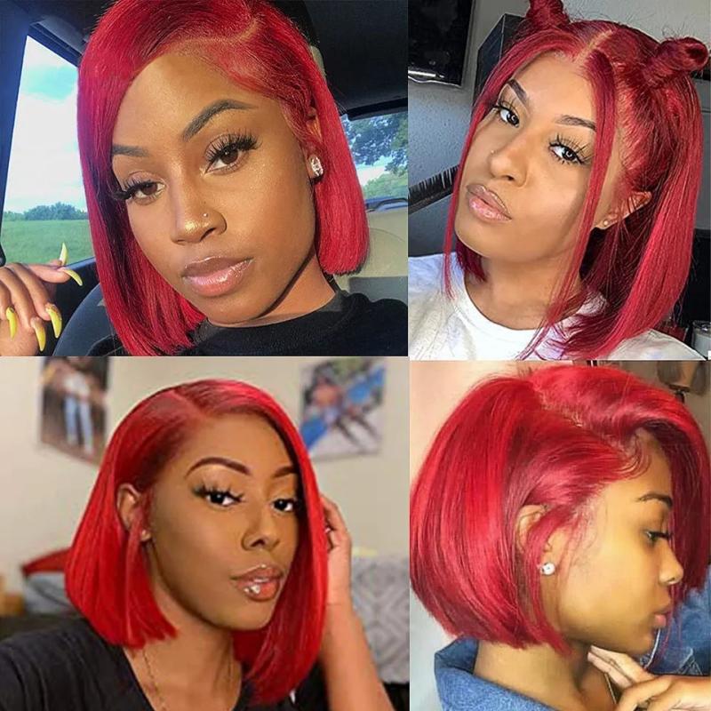 Hair Wigs | Straight Red Bob Lace Front Human Hair Wig 150% Density Glueless Colored Remy Pre Plucked Hairline Short Bob Synthetic Wig Hair Wigs Brown Color