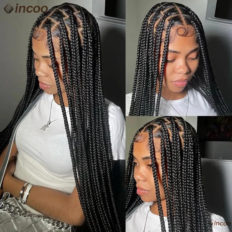 Hair Wigs | Synthetic Large Box Braided Wigs Jumbo Knotless Full Lace Front Wigs For Black Women Jumbo Tribal Braids Faux Locs Cornrows Wig Hair Wigs 40inhes