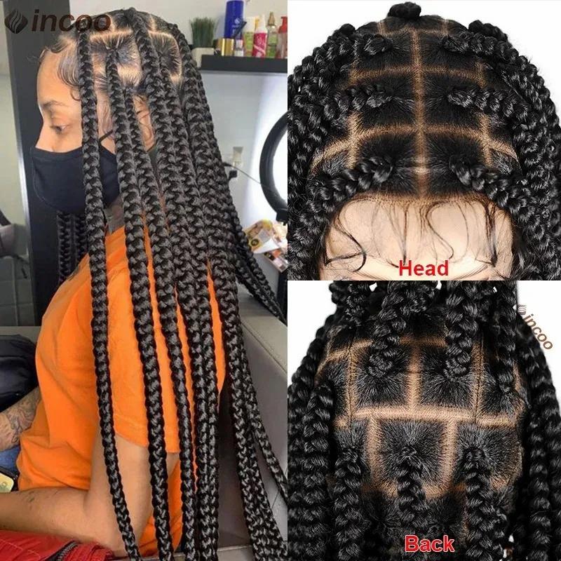 Hair Wigs | Synthetic Large Box Braided Wigs Jumbo Knotless Full Lace Front Wigs For Black Women Jumbo Tribal Braids Faux Locs Cornrows Wig Hair Wigs 40inhes