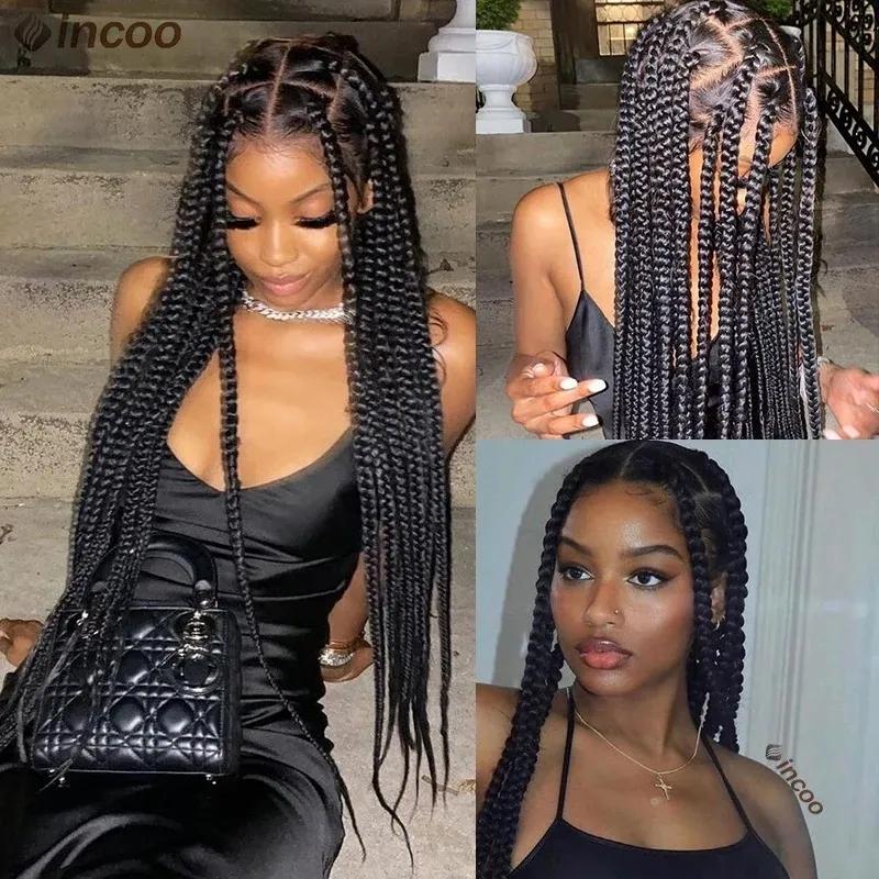 Hair Wigs | Synthetic Large Box Braided Wigs Jumbo Knotless Full Lace Front Wigs For Black Women Jumbo Tribal Braids Faux Locs Cornrows Wig Hair Wigs 40inhes