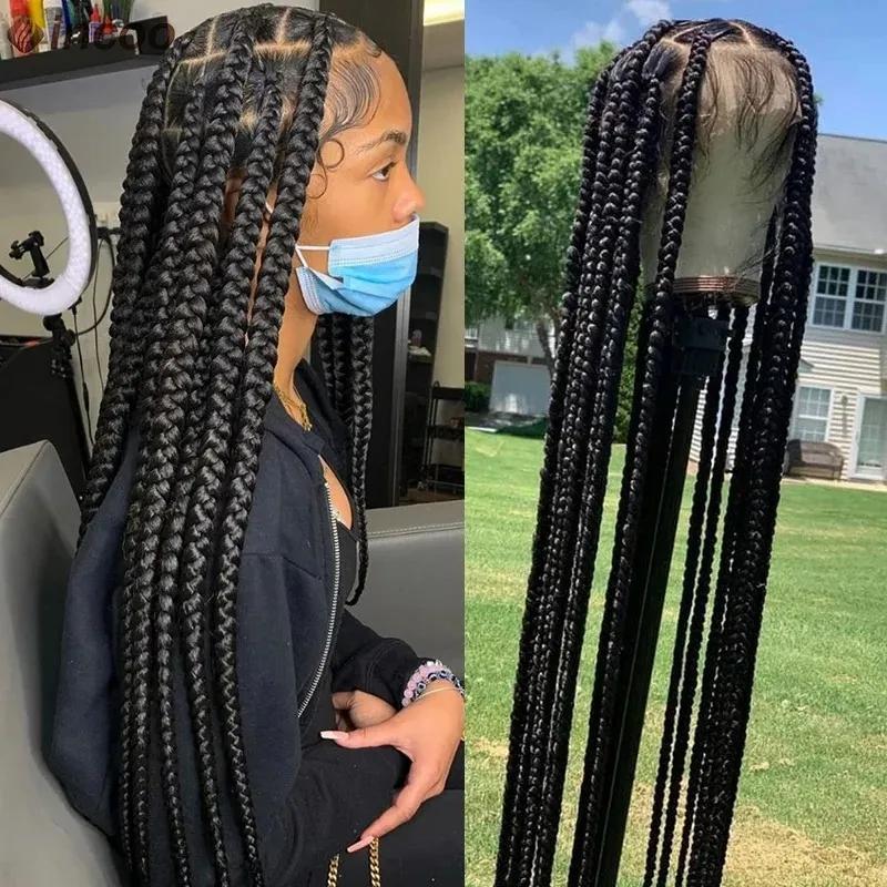 Hair Wigs | Synthetic Large Box Braided Wigs Jumbo Knotless Full Lace Front Wigs For Black Women Jumbo Tribal Braids Faux Locs Cornrows Wig Hair Wigs 40inhes