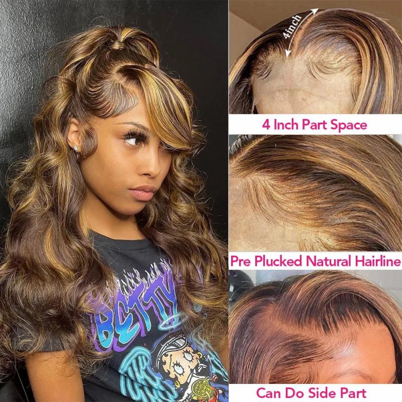 Lace Wigs | Brazilian Human Hair Blonde Highlight Lace Front Wig Body Wave 360 Full Lace Wig Synthetic Pre Plucked Honey Blonde Wig Lace Wigs 613 Blonde Color