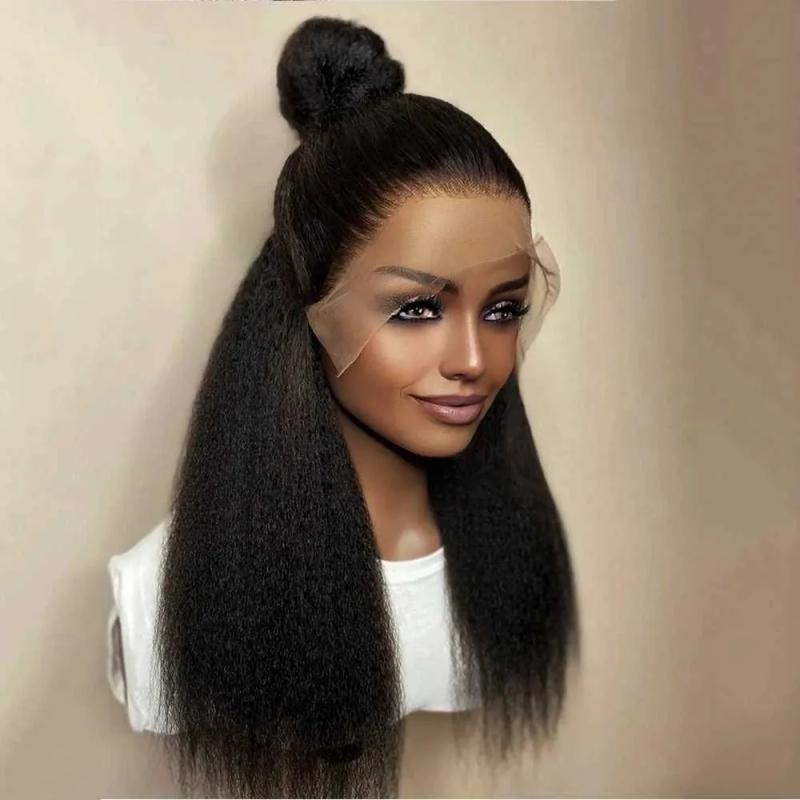 Lace Wigs | Hot Lace Wigs Kinky Straight 180% Density Black Yaki Front For Women With Baby Hair Synthetic Heat Temperature Glueless 221216 Lace Wigs 14