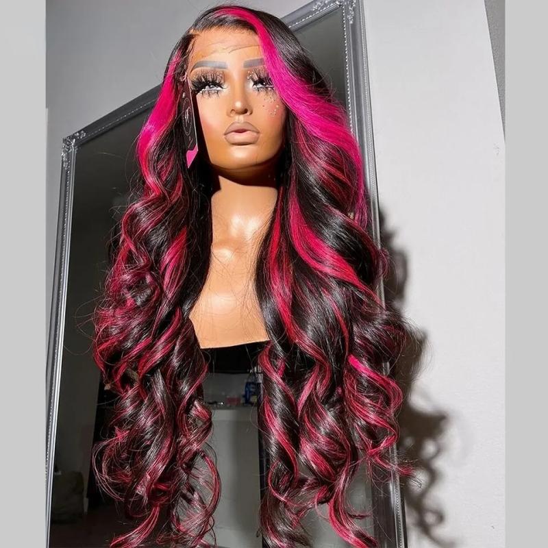 Lace Wigs | Long Brazilian Lace Front Wig Simulation Human Hair Body Wave Closure Wigs Highlight Pink Wig For Women Malaysia Synthetic Lace Wigs Lace Wigs