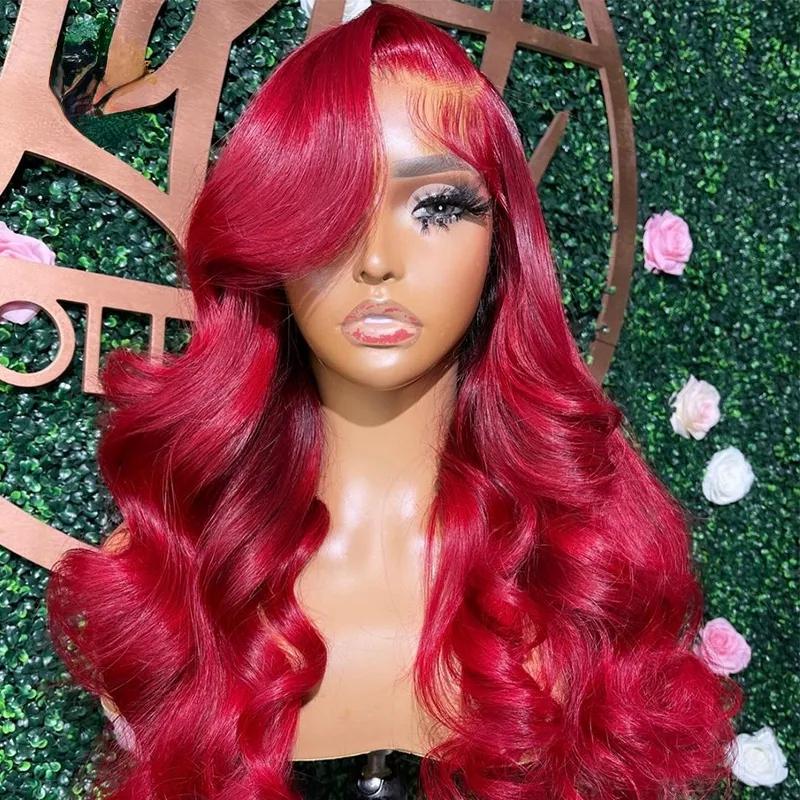 Lace Wigs | Peruvian 13X4 Hd Lace Frontal Human Hair Wigs Red Colored Body Wave Lace Front Wig Burgundy Lace Front Wigs Synthetic Lace Wigs 613 Blonde Color