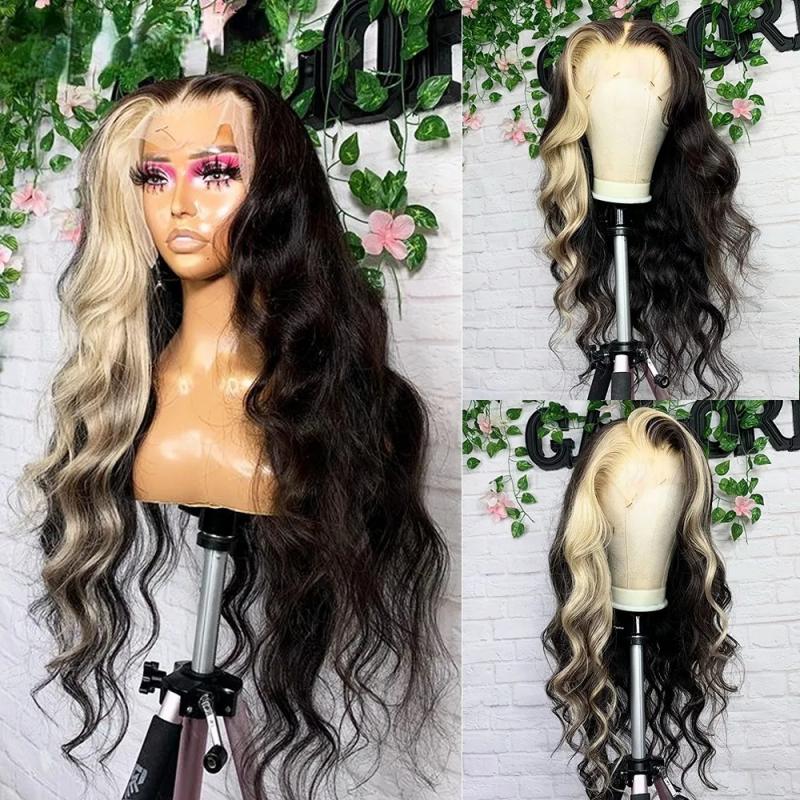 Lace Wigs | Platinum Blonde Highlight Lace Front Human Hair Wigs Body Wave Colored Wig Loose Deep Wave Transparent Synthetic Lace Frontal Wig Lace Wigs 613 Blonde Color