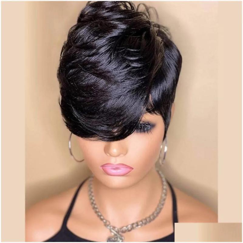 Lace Wigs |  Short Bob Wig Human Hair Pixie Cut For Black Women None Front With Bangs Layered Wavy Fl Hine Made 180Nsity Drop Delivery Pr Otpxe Lace Wigs 1b or natural color