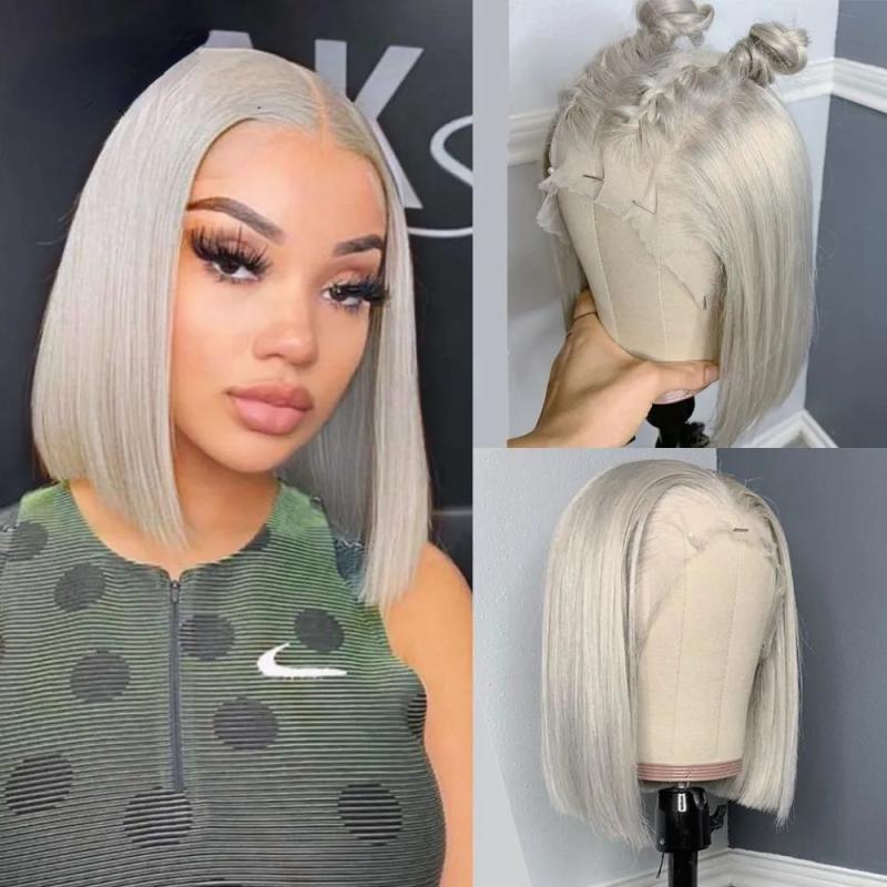 Synthetic Wigs* | 13X4 Brazilian Natural Hair Silver Grey Short Bob Wigs For Women Hd Transparent Straight Glueless Lace Frontal Wig Synthetic Cosplay Drag Queen Synthetic Wigs* Auburn