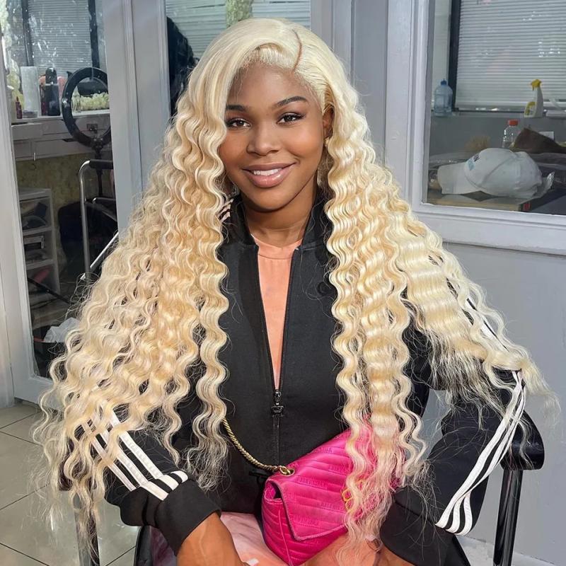 Synthetic Wigs* | 13X4 Deep Wave Lace Front Human Hair Wigs Brazilian 250% Loose Curly 13X4 Frontal Wig For Women 30 Inch 613 Honey Blonde Synthetic Wig Synthetic Wigs* 613 Blonde Color