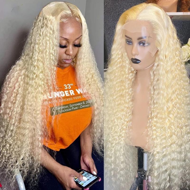 Synthetic Wigs* | 13X4 Deep Wave Lace Front Human Hair Wigs Brazilian 250% Loose Curly 13X4 Frontal Wig For Women 30 Inch 613 Honey Blonde Synthetic Wig Synthetic Wigs* 613 Blonde Color