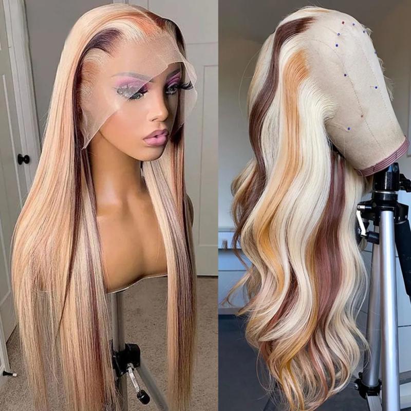 Synthetic Wigs* | 180 Density Brazilian Highlight Blonde Colored Simulation Human Hair Wig Body Wave Ombre Hd Transparent Straight Lace Front Wigs For Women 1