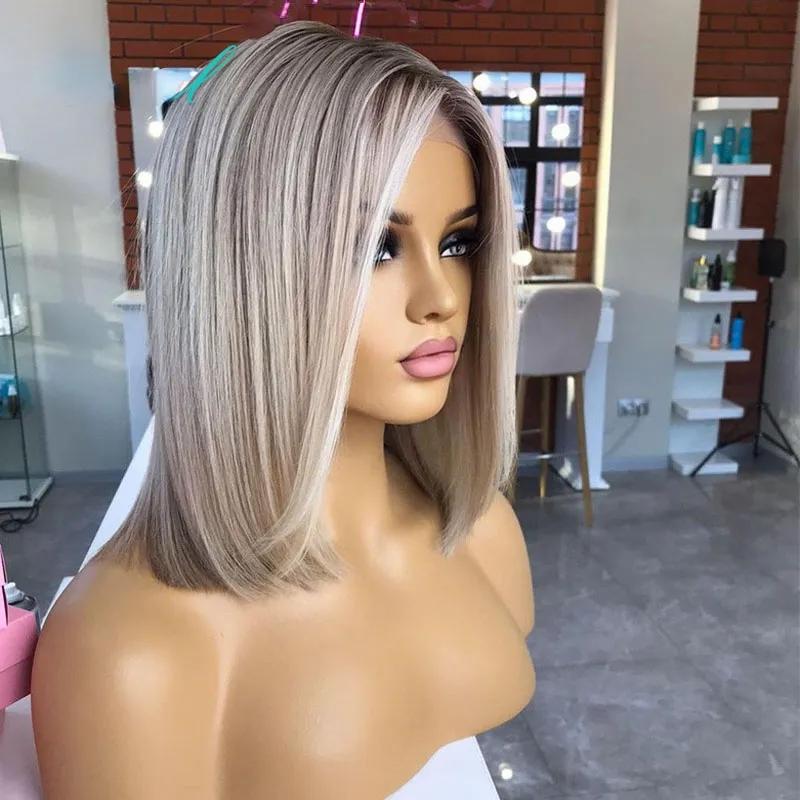 Synthetic Wigs* | 180% White Platinum Blonde Human Hair Bob Wigs For Women Hd Transparent Lace Frontal Wig 13X4 Bob Short Glueless Synthetic Wig Synthetic Wigs* Auburn