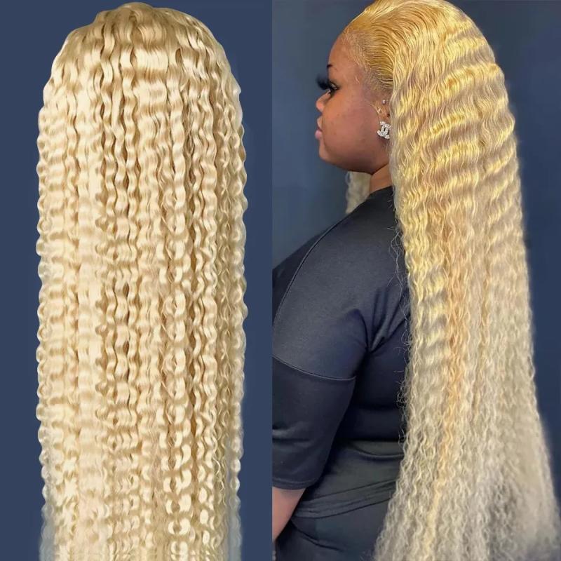 Synthetic Wigs* | 250% 40 Inch 613 Honey Blonde Deep Wave Brazilian Full 13X4 Lace Frontal Wigs Transparent Synthetic Lace Front Wigs Preplucked Synthetic Wigs* 613 Blonde Color