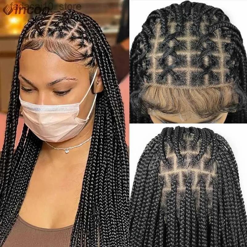 Synthetic Wigs* |  36 Full Lace Braided Wigs Lace Front Wig Long Criss Cross Knotless Box Braids Wig Ombre Synthetic Braided Wigs For Black Women Q240115 Synthetic Wigs* 1B