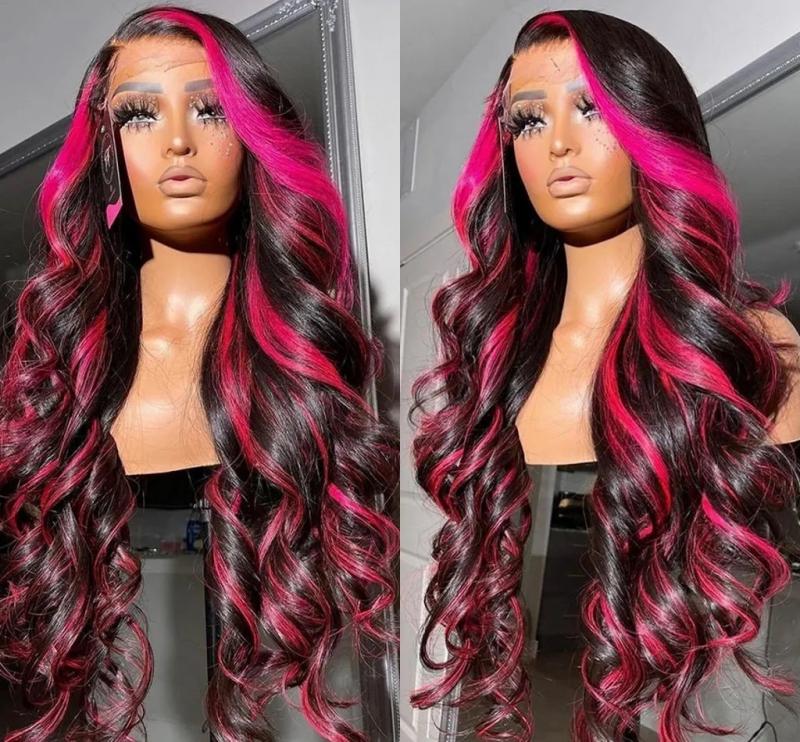 Synthetic Wigs* | 36Inch Ombre Pink Color Body Wave Wig Human Hair Pre Plucked 13X4 Synthetic Lace Front Wigs For Black Women Synthetic Wigs* Black Color