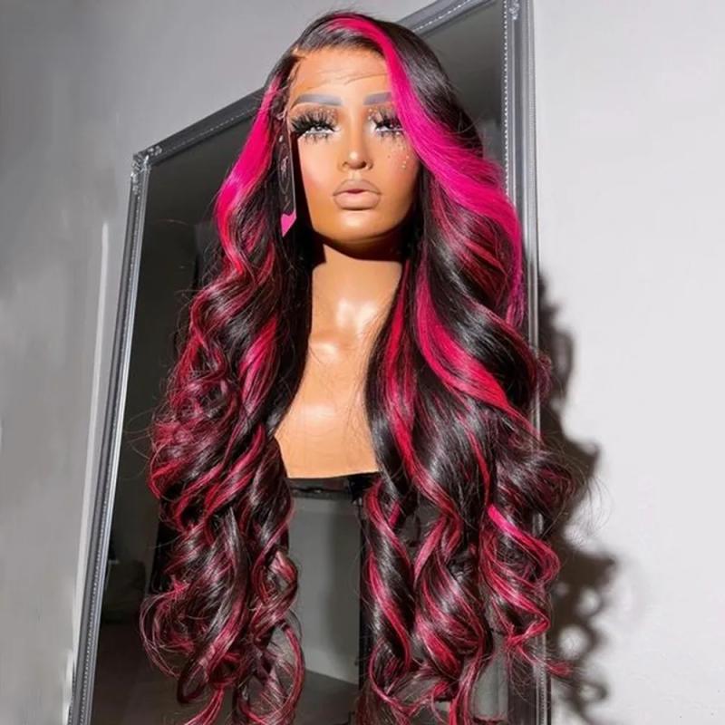 Synthetic Wigs* | 36Inch Ombre Pink Color Body Wave Wig Human Hair Pre Plucked 13X4 Synthetic Lace Front Wigs For Black Women Synthetic Wigs* Black Color