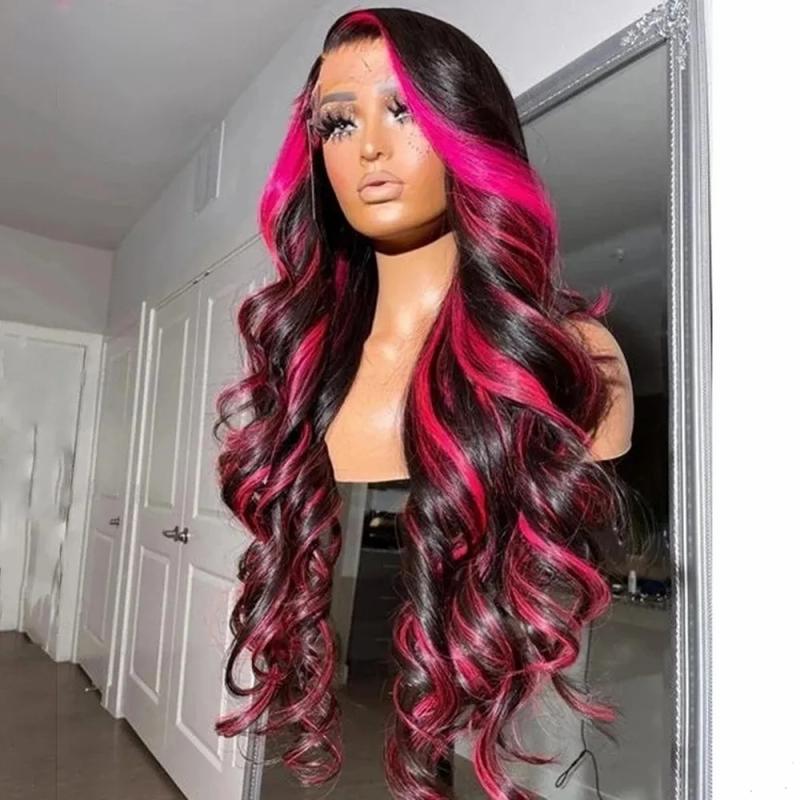 Synthetic Wigs* | 36Inch Ombre Pink Color Body Wave Wig Human Hair Pre Plucked 13X4 Synthetic Lace Front Wigs For Black Women Synthetic Wigs* Black Color