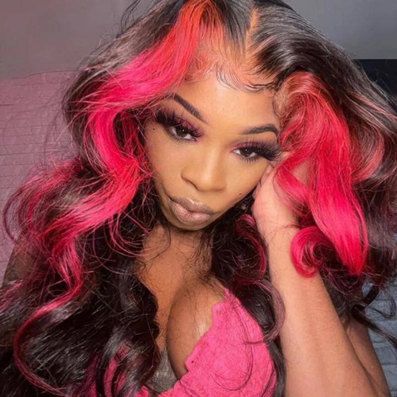 Synthetic Wigs* | 36Inch Ombre Pink Color Body Wave Wig Human Hair Pre Plucked 13X4 Synthetic Lace Front Wigs For Black Women Synthetic Wigs* Black Color