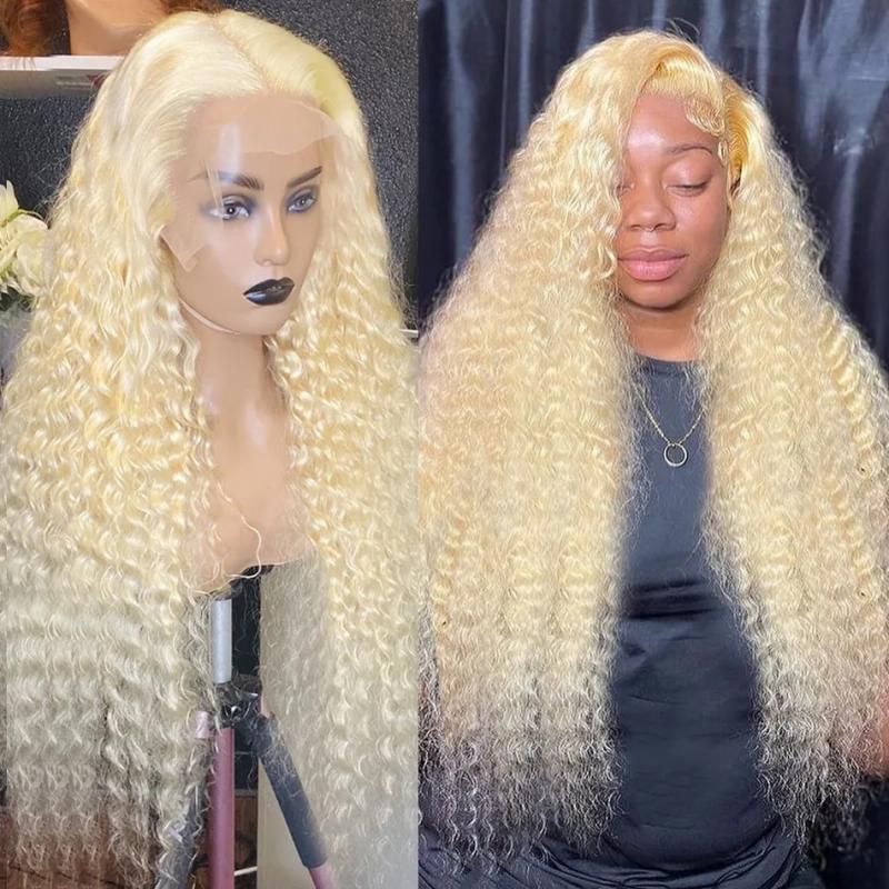 Synthetic Wigs* | 40 Inch 613 Honey Blonde Curly Lace Front Human Hair Wig Brazilian Deep Wave Colored Synthetic Frontal Wigs For Women Natural Hairline Synthetic Wigs* 613 Blonde Color